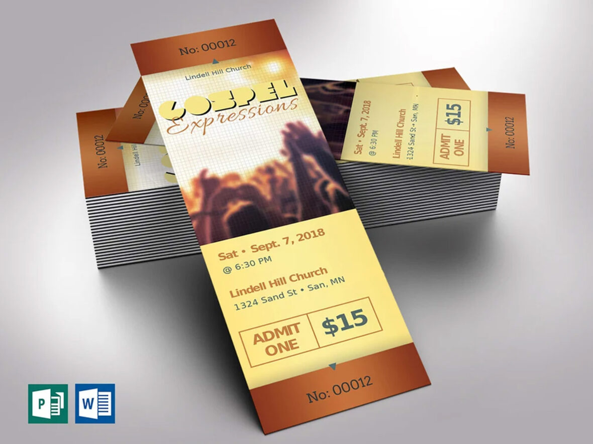 Vibrant Gospel Concert Ticket Template Set, Word and Publisher, Church Concert, Musical Event, Size 2×6 inches