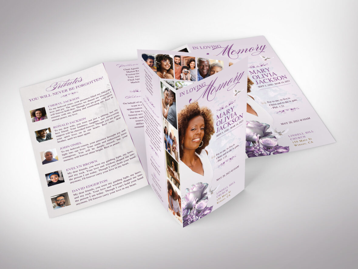 Pastel Purple Funeral Program Canva Template | Classic Rose