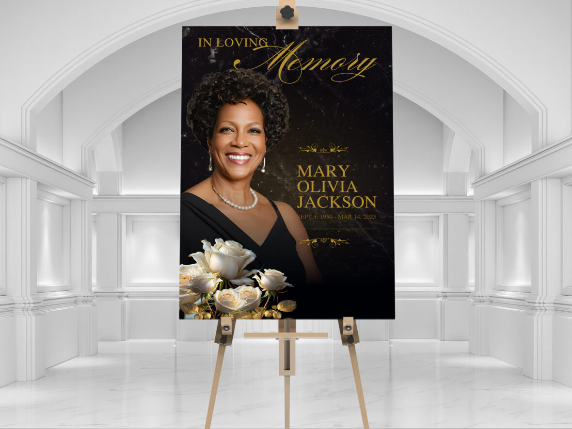 Black Funeral Welcome Sign Template for Canva, Classic Rose, Black Gold, Memorial Photo Display, Celebration of Life Funeral Photo Poster, Women