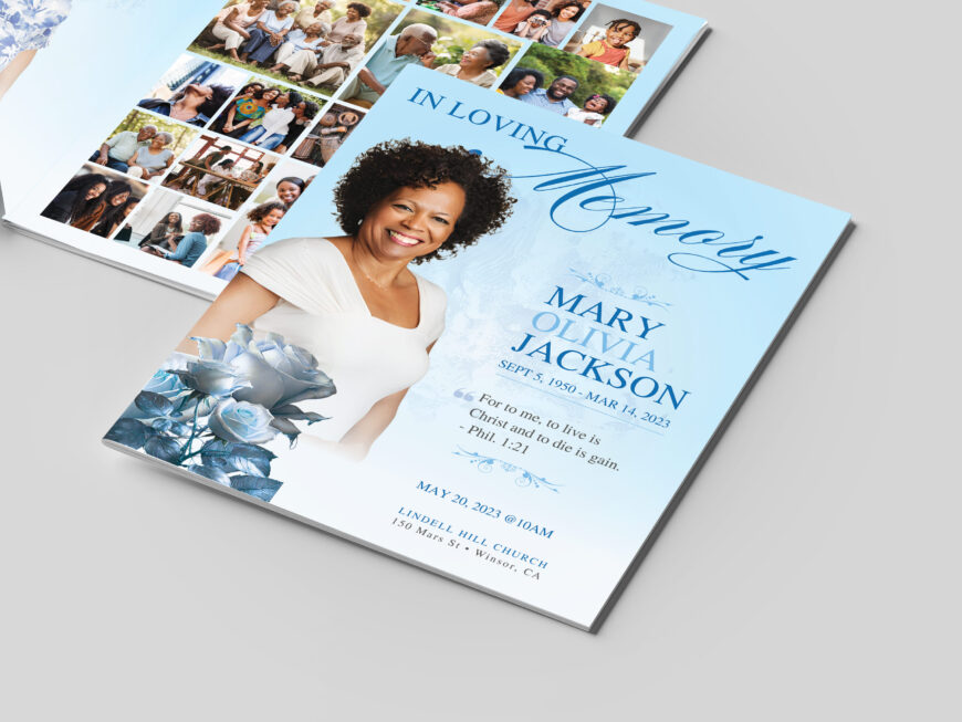 Classic Rose Sky Blue Funeral Program Canva Template