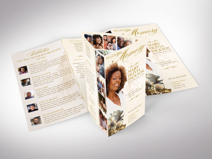 Beige Classic Rose Funeral Program Template, Canva, Beige Gold, Legal Trifold, Magazine-Style, Women's Obituary, Celebration of Life, 14x8.5 in