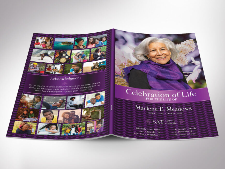 Purple Black Waves Funeral Program Template for Canva. This beautifully designed 8-page half-page obituary booklet prints at 11x8.5inches