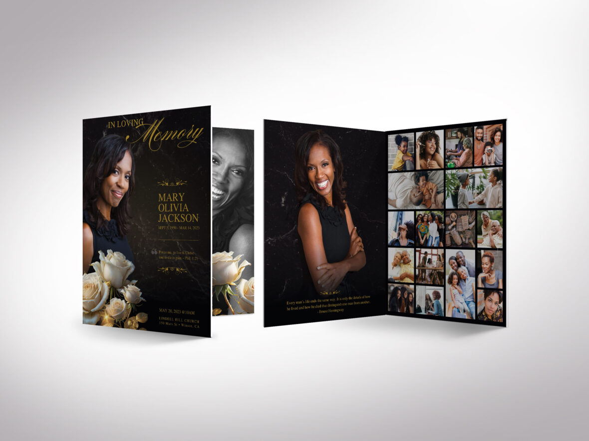 Black Classic Rose Tabloid Funeral Program Template, Canva, Black Gold, Magazine-Style, Celebration of Life, Obituary for Women, 8 Pages, 11x17 in