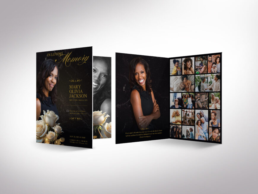 Black Classic Rose Tabloid Funeral Program Template, Canva, Black Gold, Magazine-Style, Celebration of Life, Obituary for Women, 8 Pages, 11x17 in