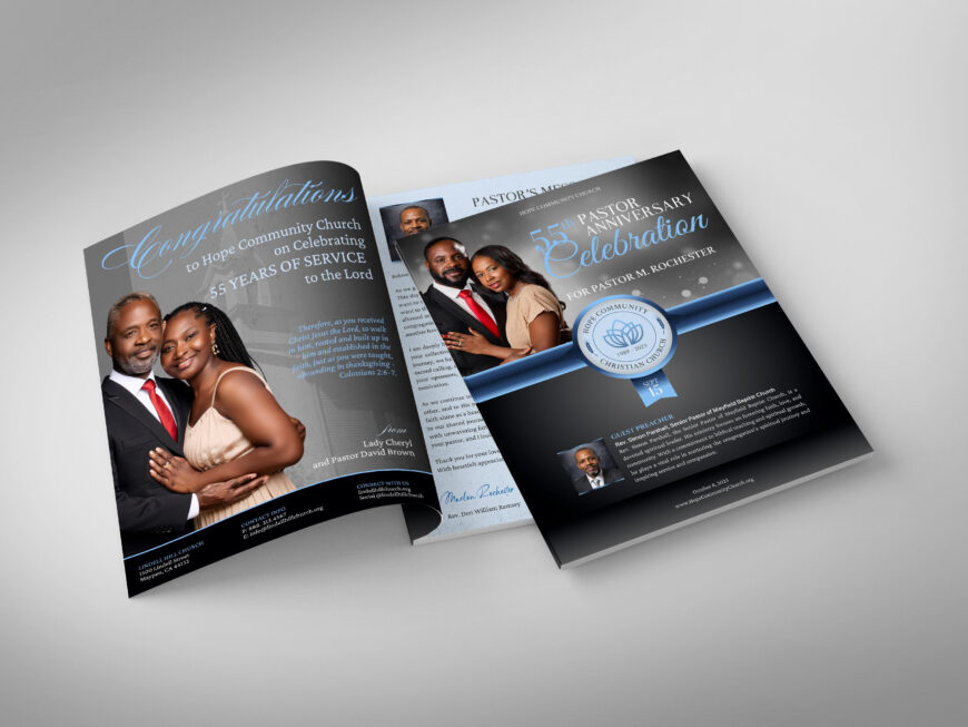 Black Church Souvenir Book Canva Template, Black and Blue, Tabloid Pastor Appreciation, Church Anniversary Banquet Ads Magazine, 24-Page, 8.5x11"