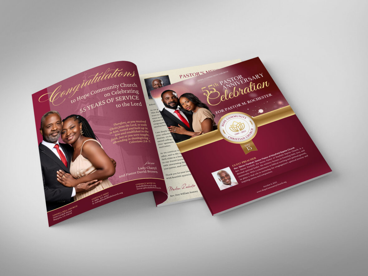 Burgundy Church Souvenir Book Template for Canva, Burgundy Gold, Tabloid, Pastor Appreciation, Church Anniversary Banquet Magazine, 24 Page, 8.5x11"