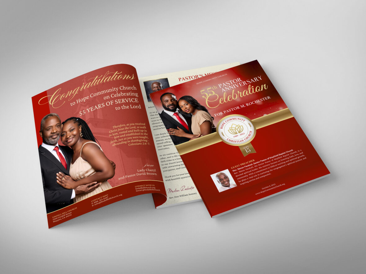 Red Church Souvenir Book Template – a 24-page banquet magazine designed for Canva in elegant Red and Gold. This template is a 8.5x11 inches Reader Spread layout (single pages)