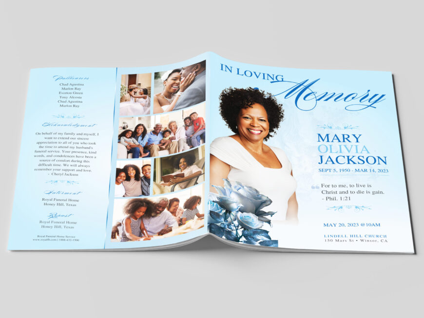 Sky Blue Funeral Program Canva Template | Classic Rose