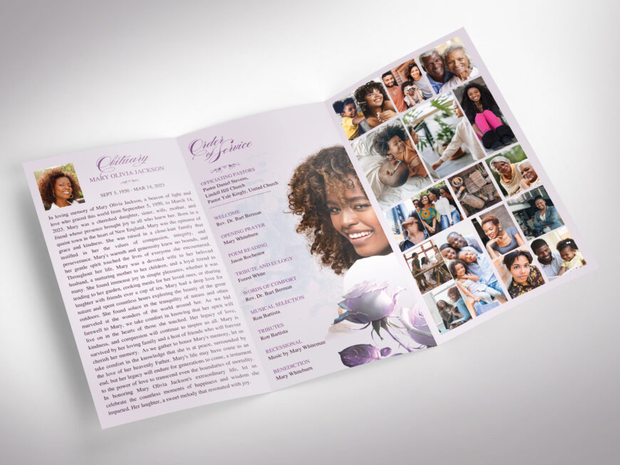 Pastel Purple Funeral Program Canva Template | Classic Rose