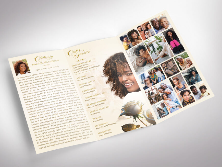 Beige Classic Rose Funeral Program Canva Template