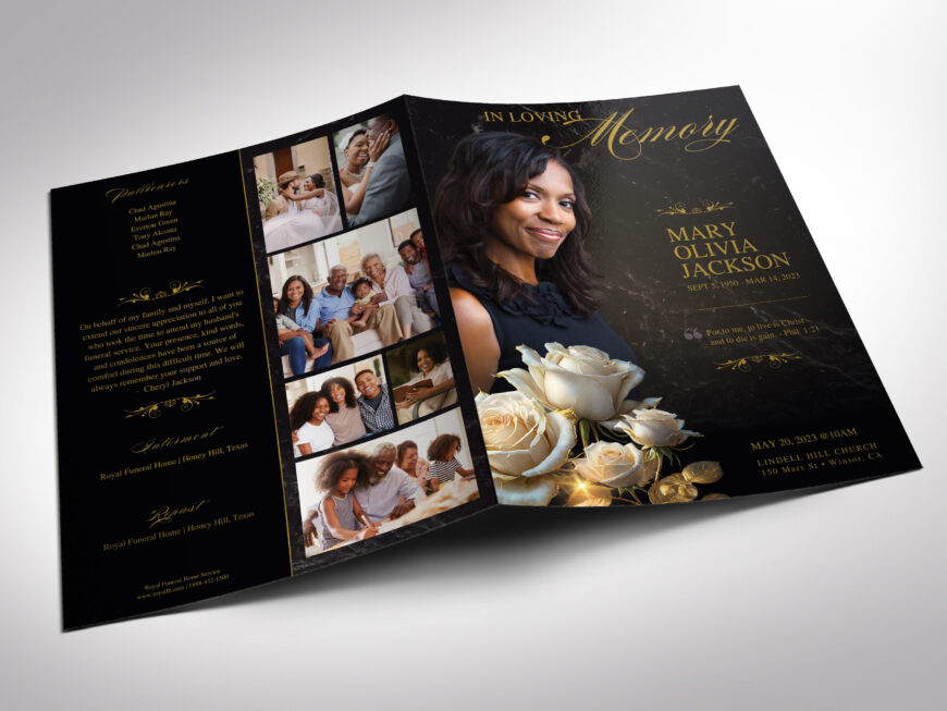 Black Classic Rose Tabloid Funeral Program Canva Template