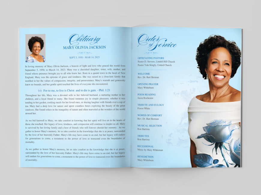 Sky Blue Funeral Program Canva Template | Classic Rose