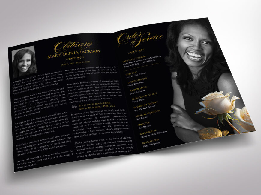 Black Classic Rose Tabloid Funeral Program Canva Template