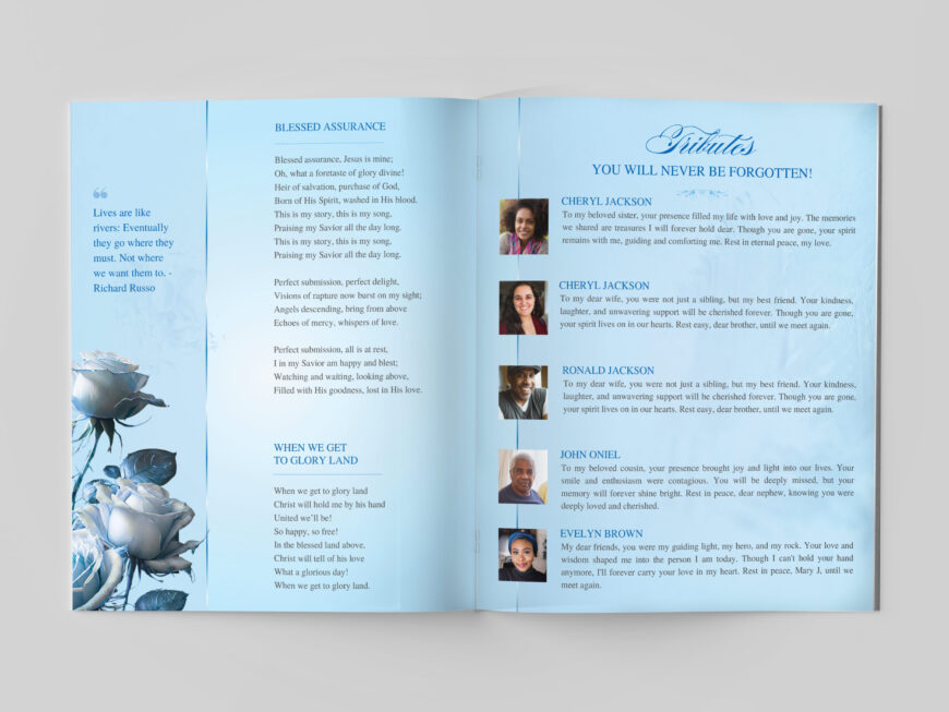 Sky Blue Funeral Program Canva Template | Classic Rose