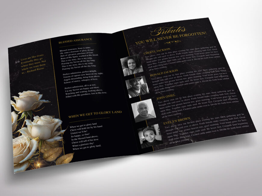 Black Classic Rose Tabloid Funeral Program Canva Template