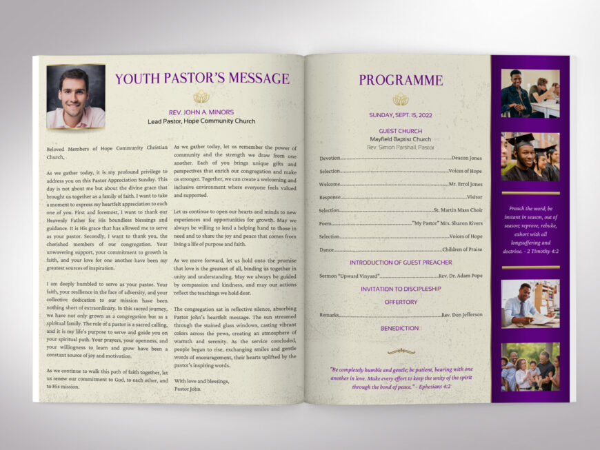 Purple Church Souvenir Book Canva Template