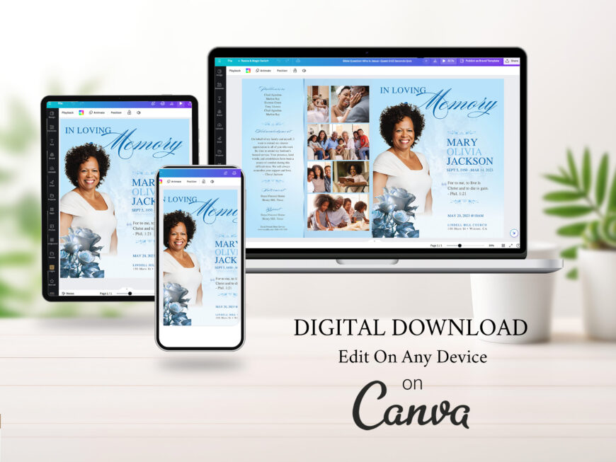 Sky Blue Funeral Program Canva Template | Classic Rose
