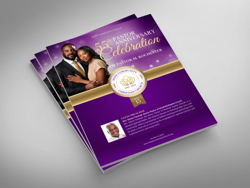 Purple Church Souvenir Book Canva Template