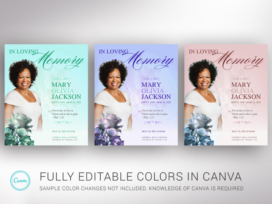 Sky Blue Funeral Program Canva Template | Classic Rose