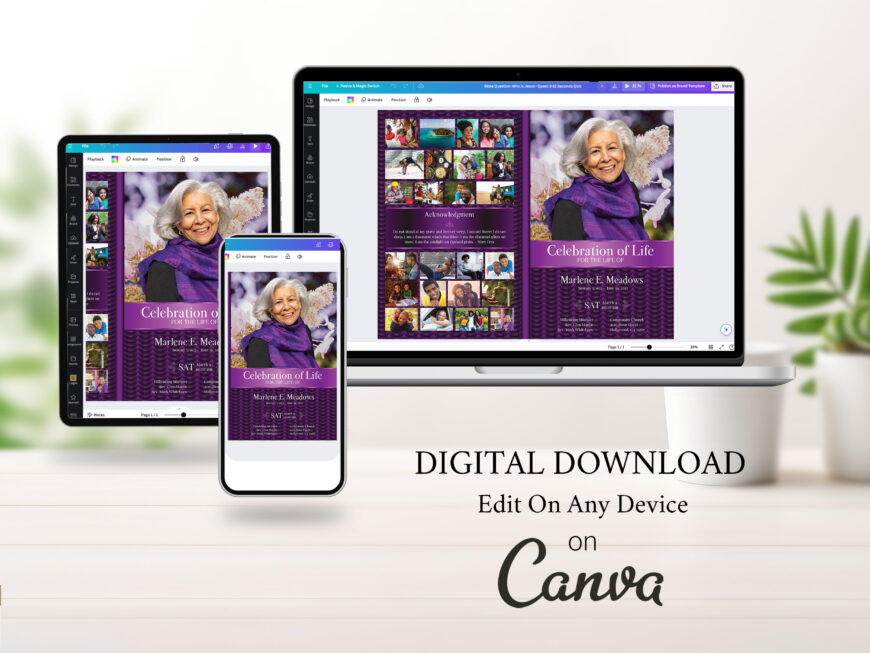 Purple Black Waves Funeral Program Canva Template