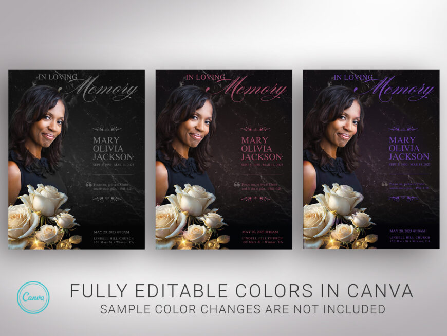 Black Classic Rose Tabloid Funeral Program Canva Template