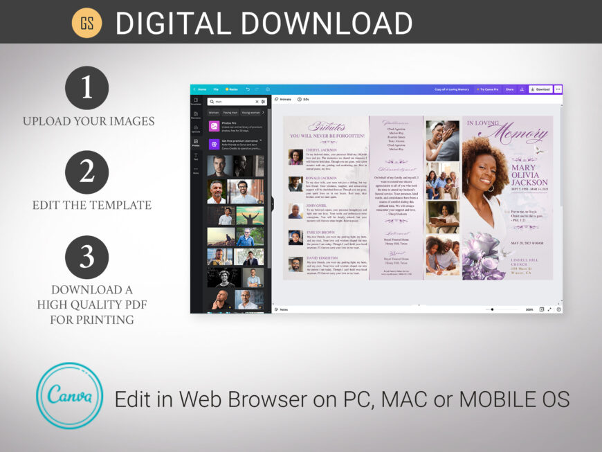 Pastel Purple Funeral Program Canva Template | Classic Rose