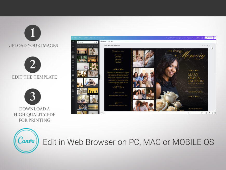 Black Classic Rose Tabloid Funeral Program Canva Template