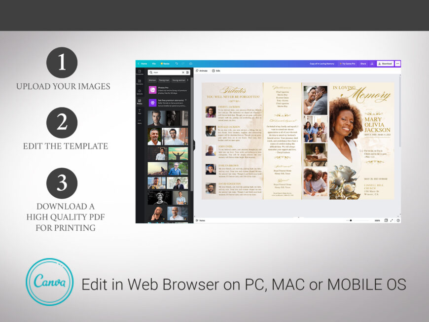 Beige Classic Rose Funeral Program Canva Template