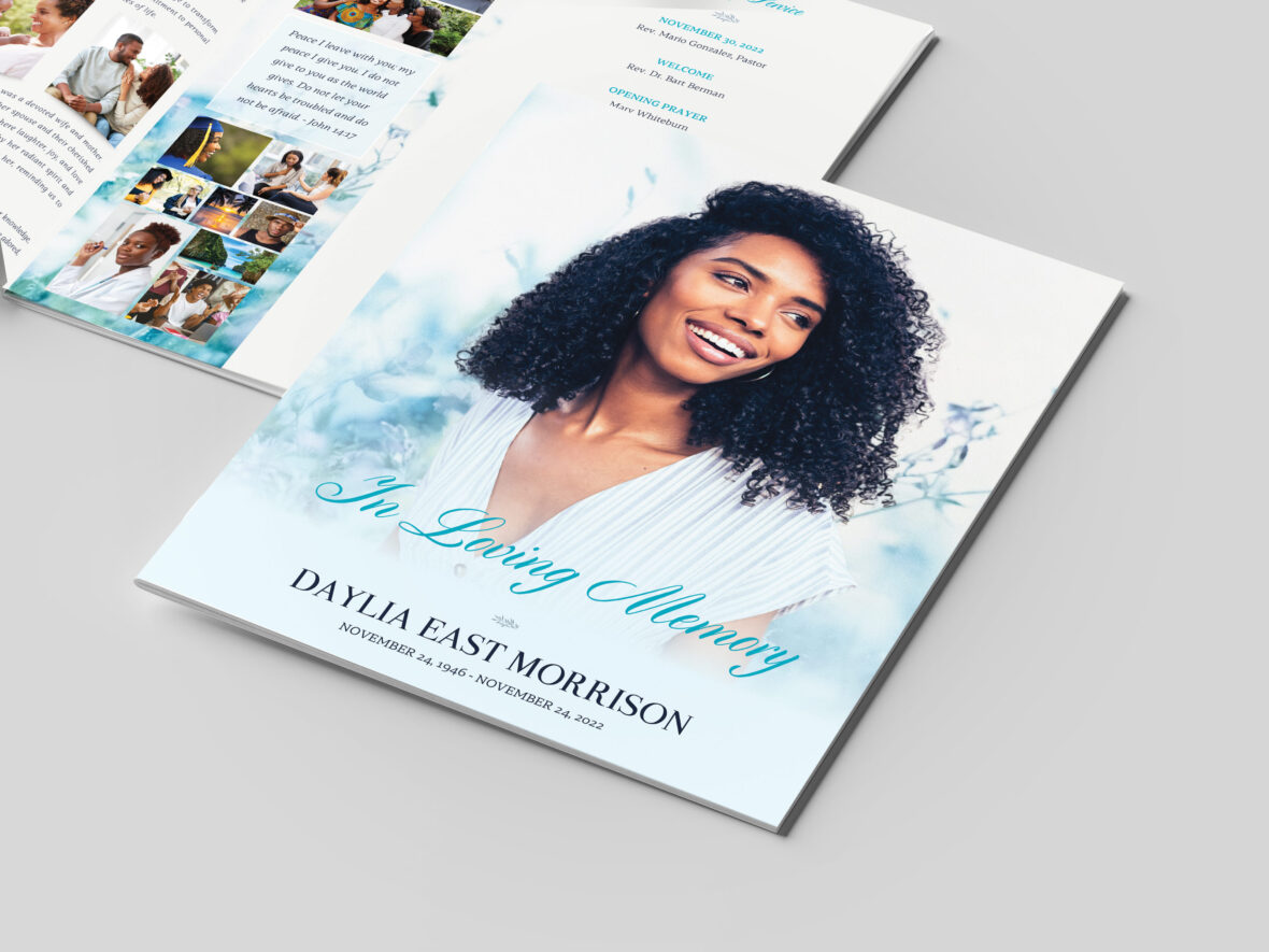 Sky Blue Love Legal Funeral Program Canva Template, Celebration of Life, Printable Memorial Service, Women's Obituary, 8 Page 14x8.5 in