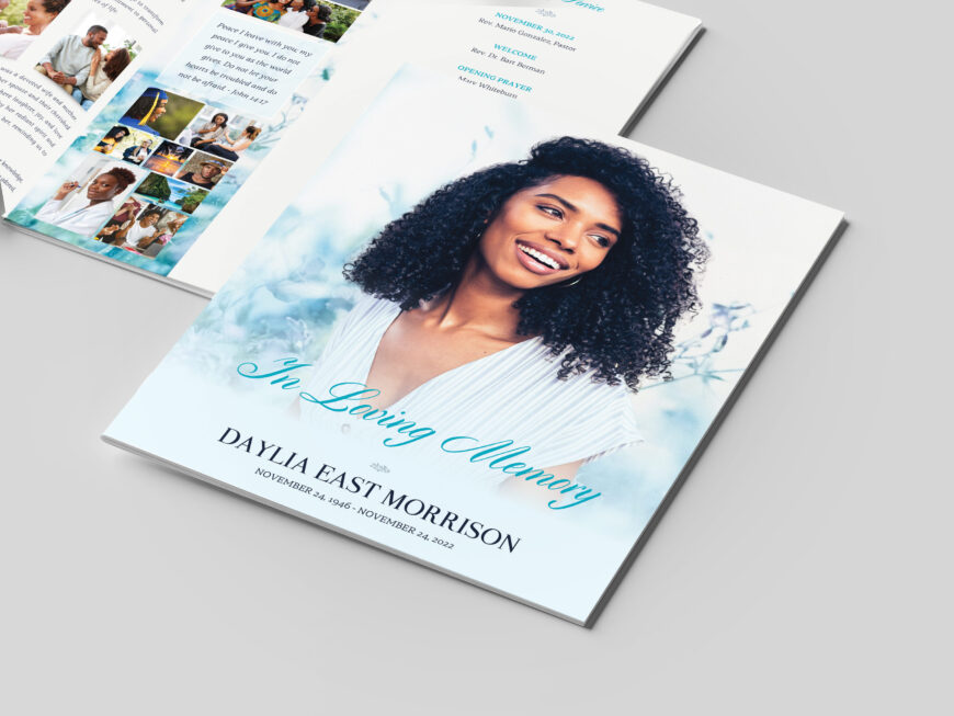 Sky Blue Love Legal Funeral Program Canva Template, Celebration of Life, Printable Memorial Service, Women's Obituary, 8 Page 14x8.5 in