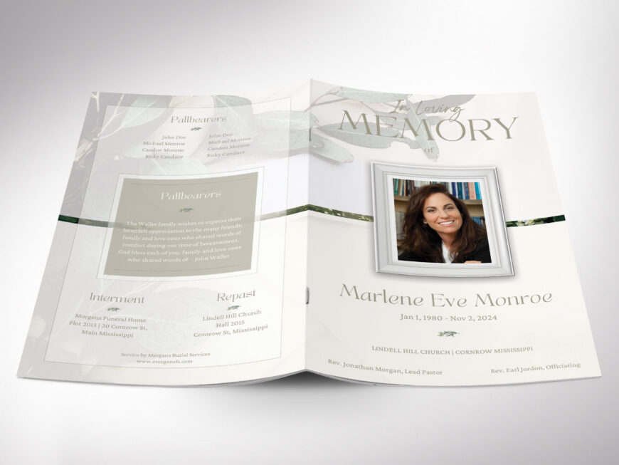 Natural Funeral Program Canva Template, Pastel Green and White, Celebration of Life, Women's Obituary Minimalist Booklet, 8 Page, 5.5x8.5"