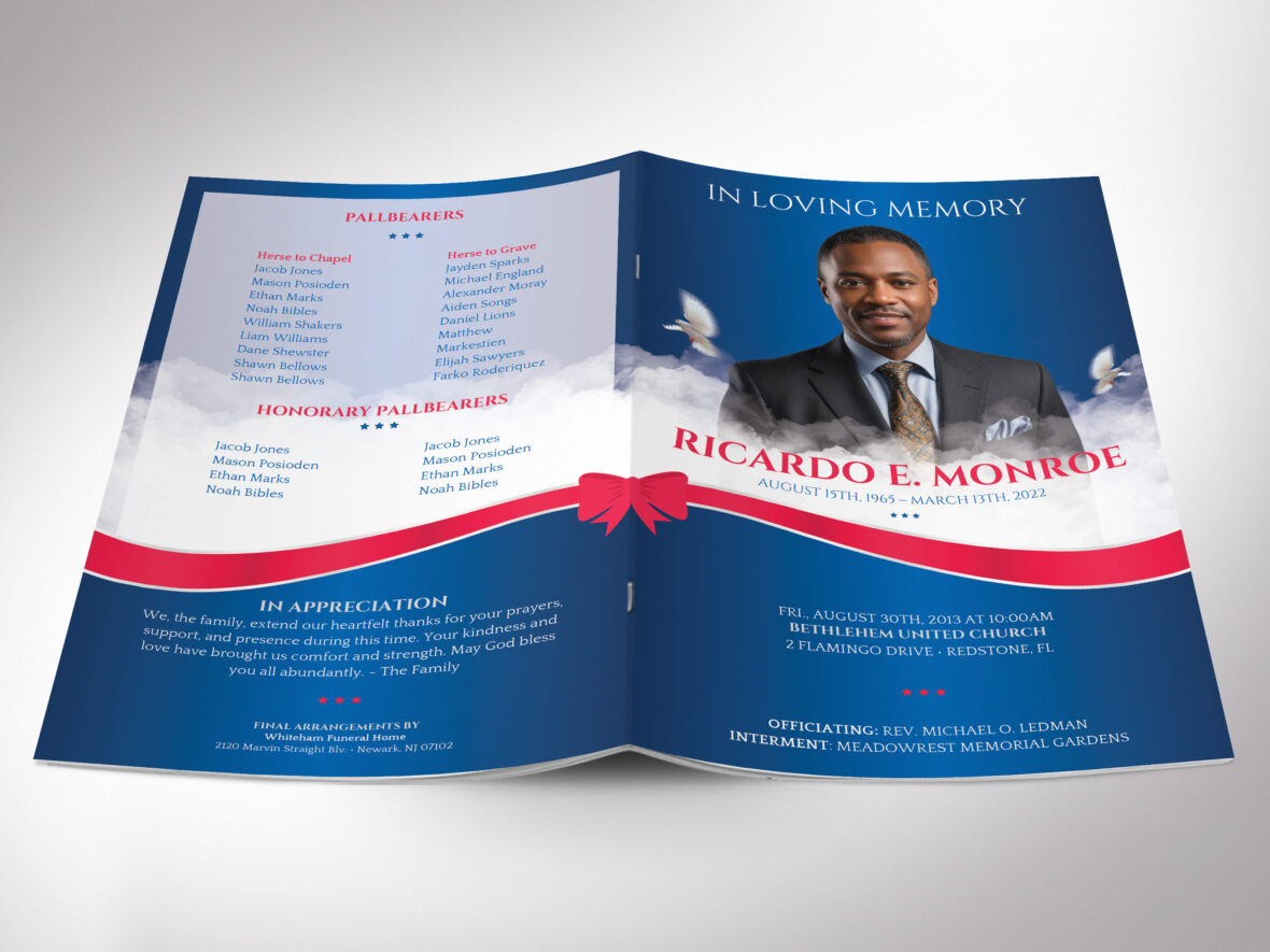Blue Funeral Program Canva Template, Red Ribbon Half-Letter Booklet for Celebration of Life, Men's US Military Obituary, 8-Page, 5.5x8.5"