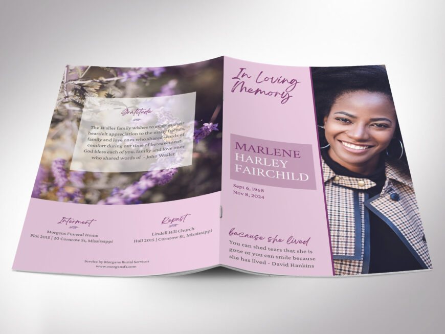 Pink Nature Funeral Program Canva Template, Pink and Purple, Celebration of Life, Women's Obituary, 8 Pages, Half-Letter Bifold 5.5x8.5 in