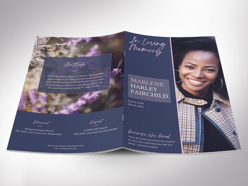 Purple Nature Funeral Program Canva Template, Purple and Lavender, Celebration of Life, Women's Obituary, 8 Pages, Half-Letter 5.5x8.5 in