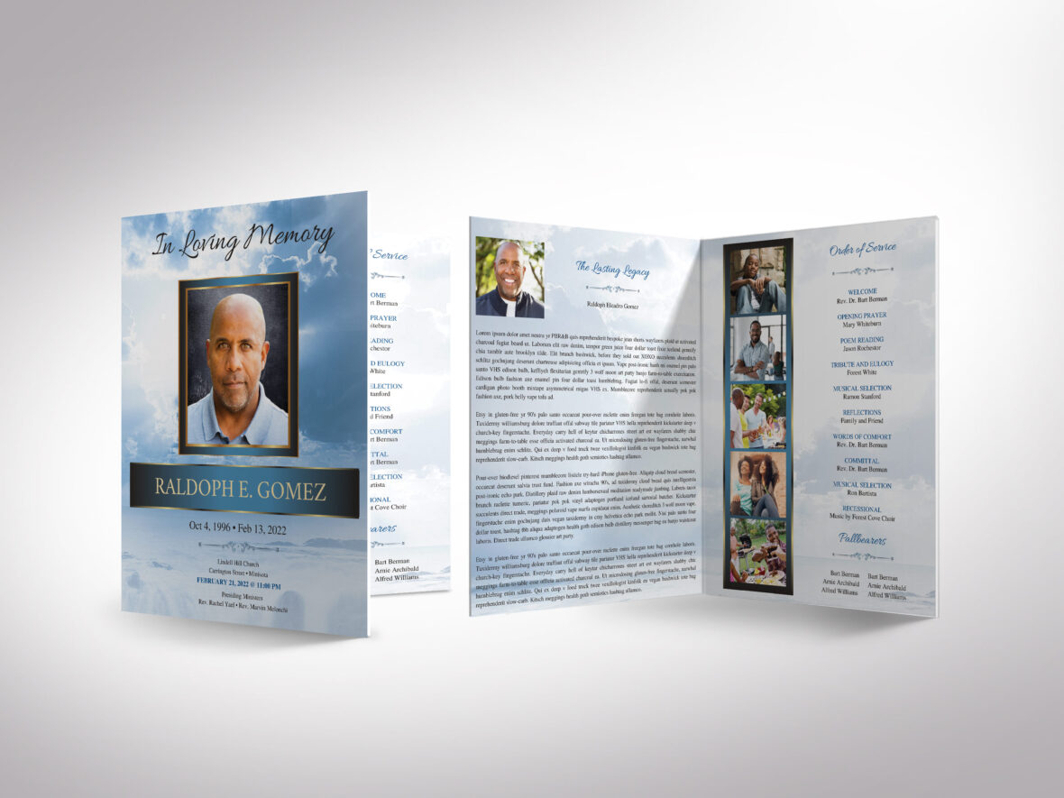 Blue Forever Tabloid Funeral Program Canva Template, Blue & Gold Oceanic, Printable Celebration of Life, Men's Obituary, 4 Page, 11x17 in