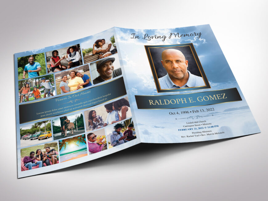 Blue Forever Tabloid Funeral Program Canva Template
