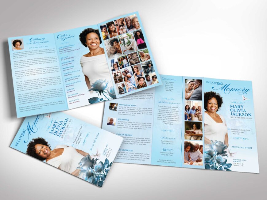 Classic Rose Trifold Funeral Program Canva Template | Sky Blue