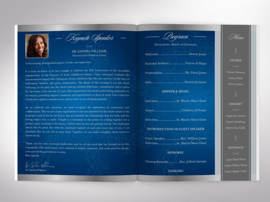 Blue Silver Anniversary Souvenir Book Canva Template