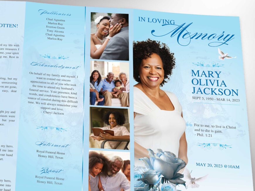 Classic Rose Trifold Funeral Program Canva Template | Sky Blue