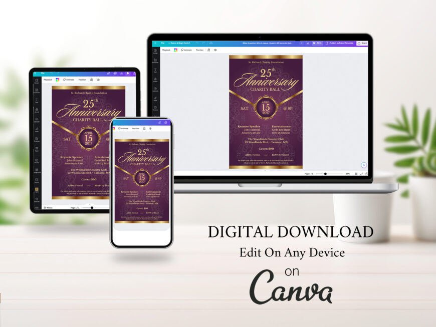 Vintage Purple Church Anniversary Banquet Flyer Canva Template