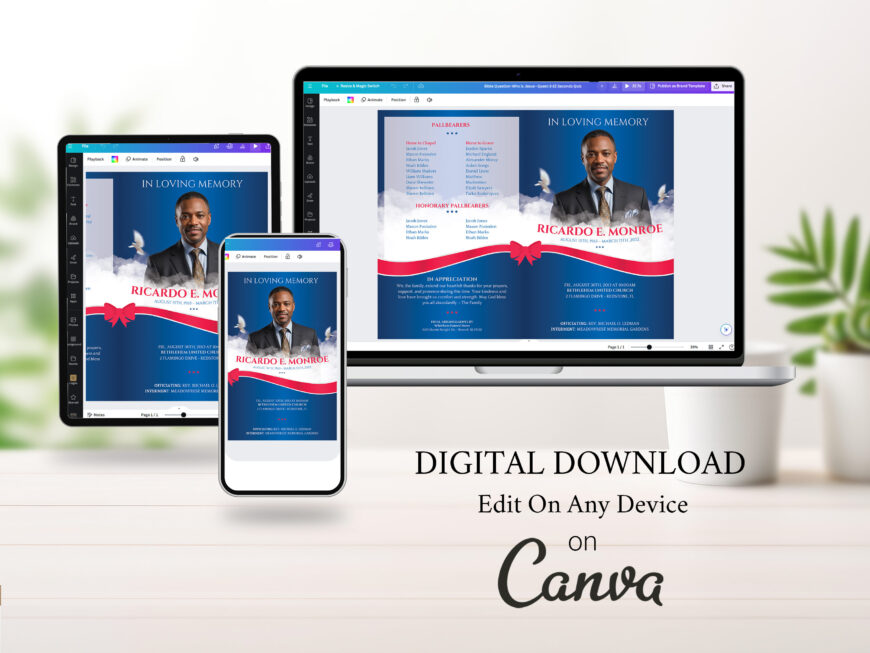 Blue Funeral Program Canva Template