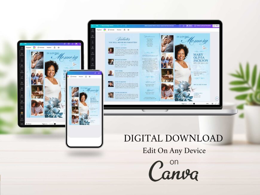 Classic Rose Trifold Funeral Program Canva Template | Sky Blue