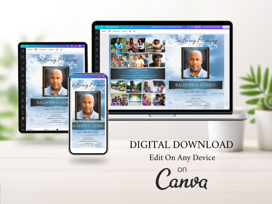 Blue Forever Tabloid Funeral Program Canva Template