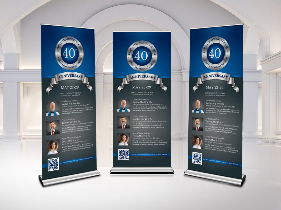 Blue Church Anniversary Roll-Up Banner Canva Template, Regal Blue & Silver, Retractable Banner, Vertical Vinyl Display Design, 32x78"