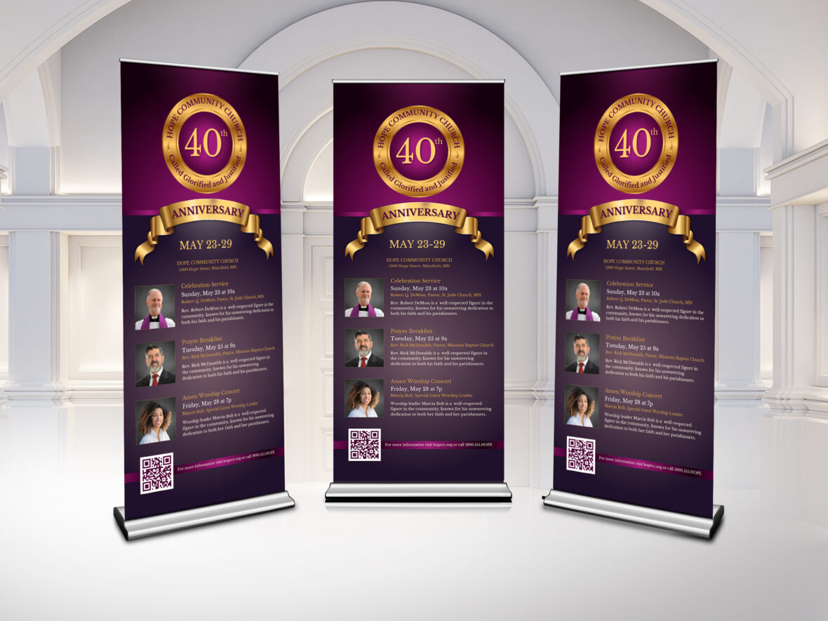 Purple Church Anniversary Roll-Up Banner Canva Template, Regal Purple & Gold, Retractable Banner, Vertical Vinyl Display Design, 32x78"