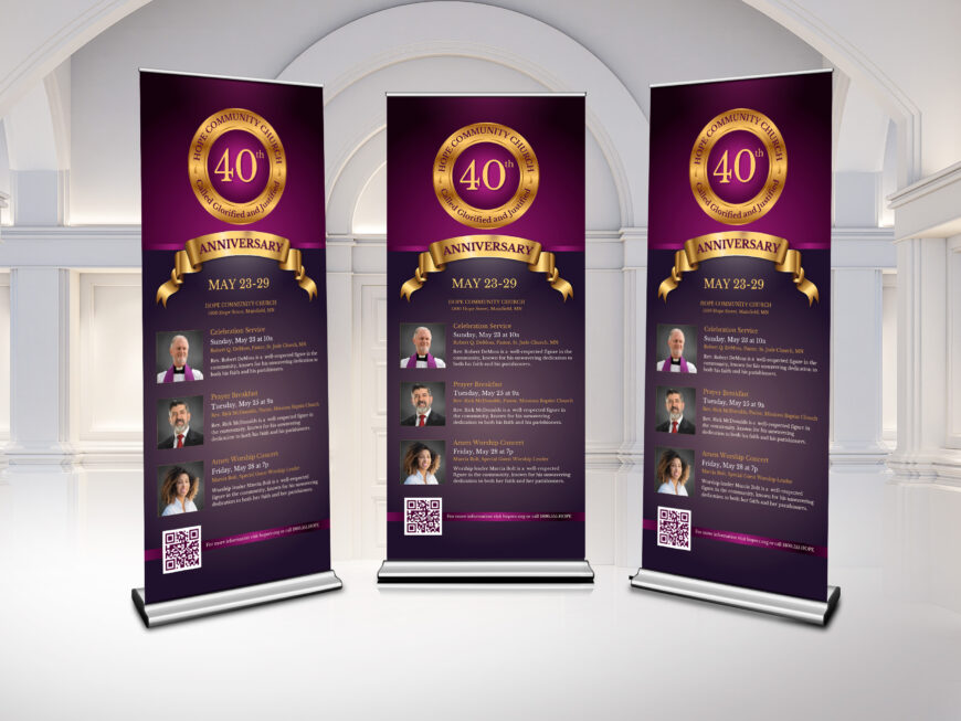Purple Church Anniversary Roll-Up Banner Canva Template, Regal Purple & Gold, Retractable Banner, Vertical Vinyl Display Design, 32x78"