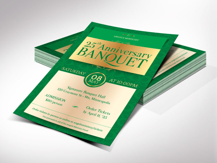 Green Elegant Church Anniversary Banquet Flyer Canva Template, Green and Gold, Printable Victorian-Style Pastor Appreciation Gala Invitation