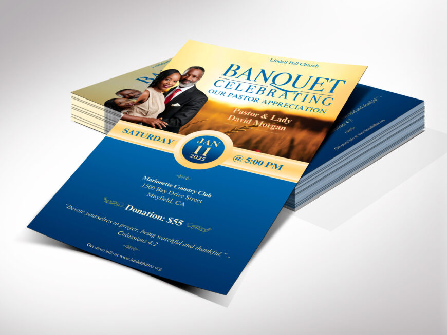 Blue Pastor Anniversary Banquet Flyer Canva Template, Blue and Gold, Church Anniversary and Pastor Appreciation Fundraiser Invitation