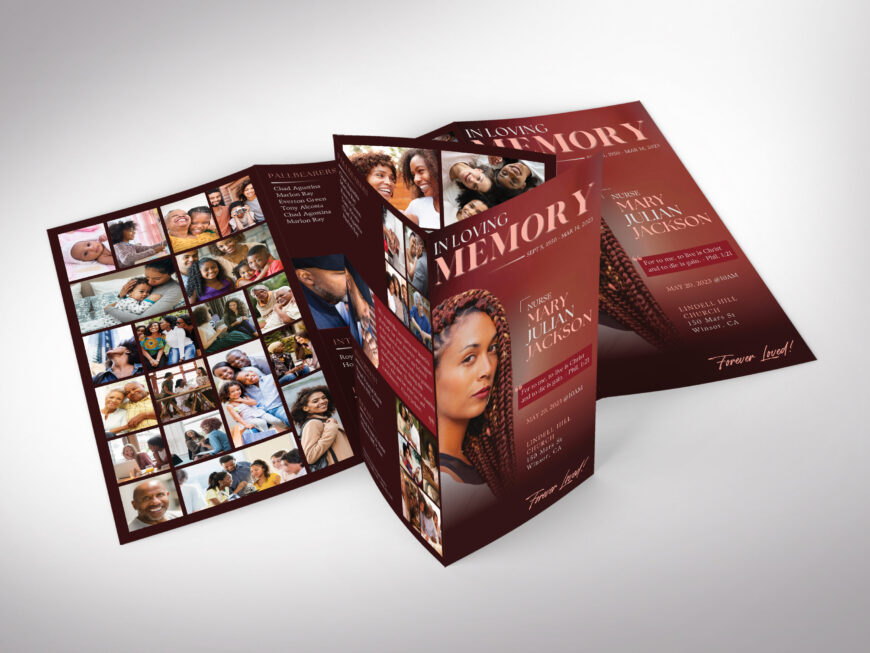 Dawn Legal Trifold Funeral Program Canva Template, Red Amber, Magazine-Style, Celebration of Life, Women's Obituary, 14x8.5" Brochure