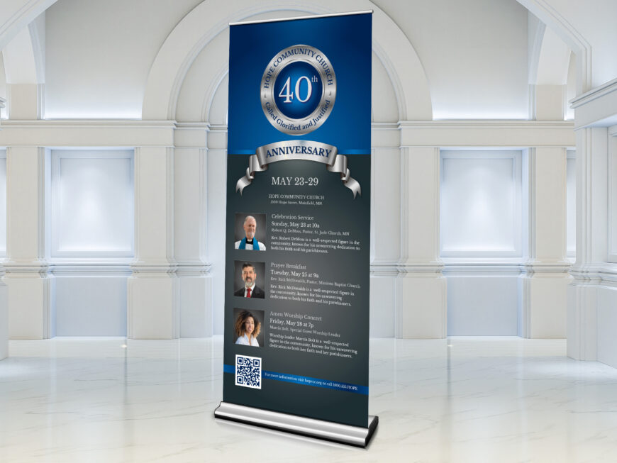 Blue Church Anniversary Roll-Up Banner Canva Template